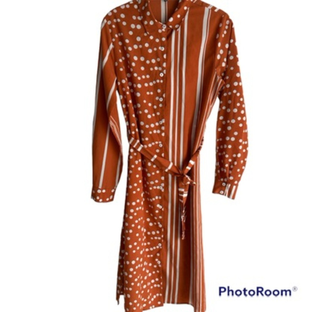 LULUS Via Dolce Rust Orange Striped Polka Dot Long Sleeve Ladies Shirt Dress, S